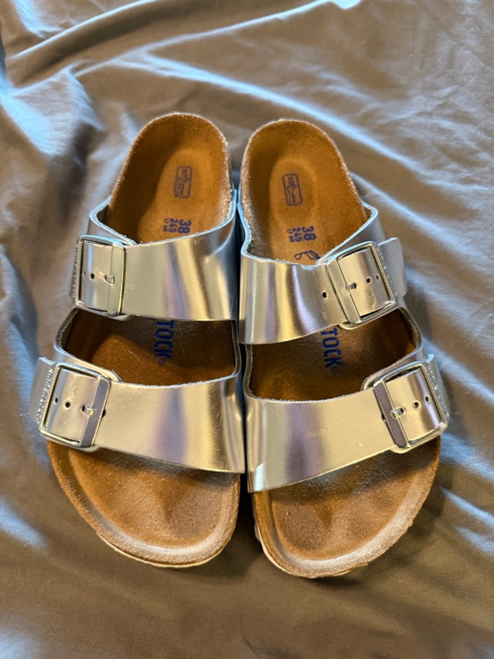 Birkenstock Womans Metallic Silver Two-Buckle Sandals